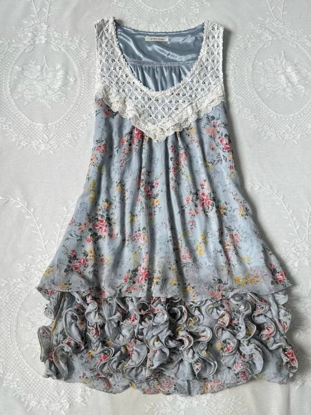 Vintage Floral Print Lace Collar Babydoll Tunic Top Mini Dress Cottagecore Roman